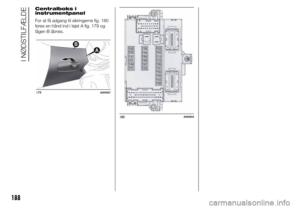 Alfa Romeo Giulietta 2016  Instruktionsbog (in Danish) Centralboks i
instrumentpanel
For at få adgang til sikringerne fig. 180
føres en hånd ind i lejet A fig. 179 og
lågen B åbnes.
179A0K0527
180A0K0244
188
I NØDSTILFÆLDE 