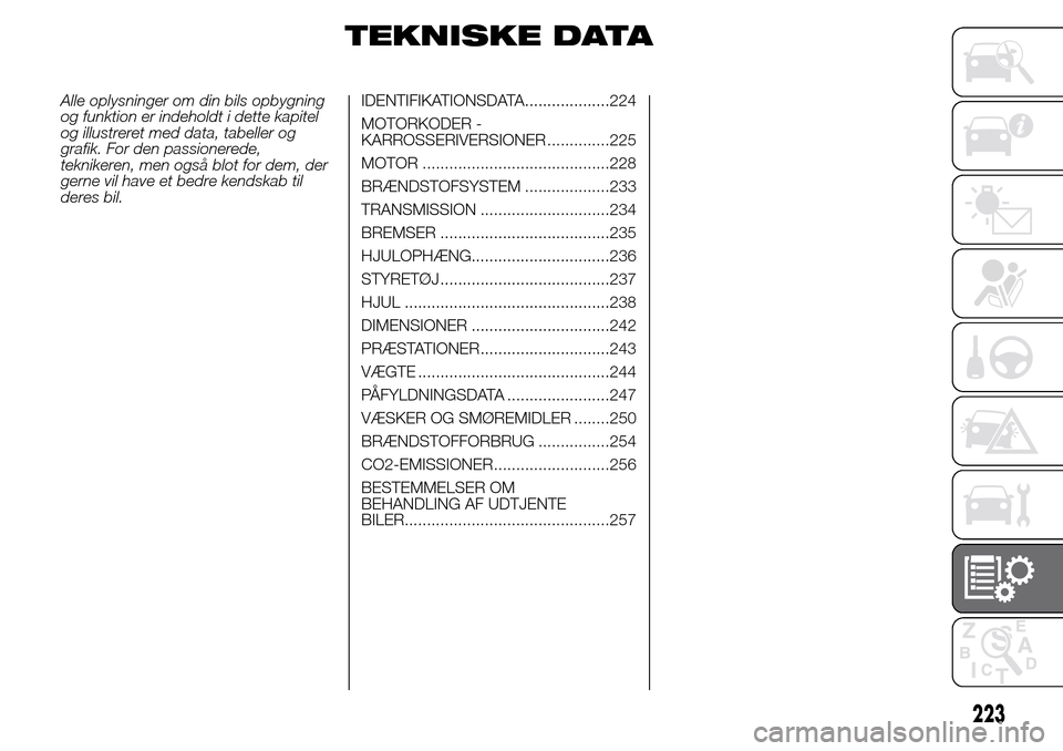 Alfa Romeo Giulietta 2016 Instruktionsbog (in Danish) TEKNISKE DATA
Alle oplysninger om din bils opbygning
og funktion er indeholdt i dette kapitel
og illustreret med data, tabeller og
grafik. For den passionerede,
teknikeren, men også blot for dem, der Alfa Romeo Giulietta 2016 Instruktionsbog (in Danish) TEKNISKE DATA
Alle oplysninger om din bils opbygning
og funktion er indeholdt i dette kapitel
og illustreret med data, tabeller og
grafik. For den passionerede,
teknikeren, men også blot for dem, der