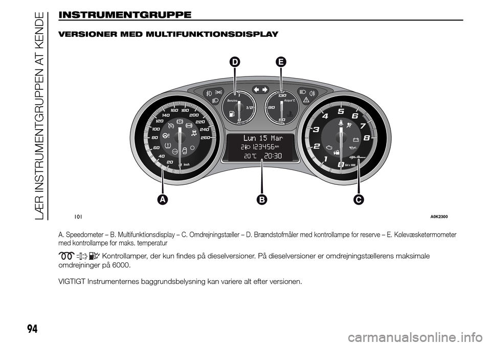 Alfa Romeo Giulietta 2016 Instruktionsbog (in Danish) INSTRUMENTGRUPPE.
VERSIONER MED MULTIFUNKTIONSDISPLAY
A. Speedometer – B. Multifunktionsdisplay – C. Omdrejningstæller – D. Brændstofmåler med kontrollampe for reserve – E. Kølevæsketermo Alfa Romeo Giulietta 2016 Instruktionsbog (in Danish) INSTRUMENTGRUPPE.
VERSIONER MED MULTIFUNKTIONSDISPLAY
A. Speedometer – B. Multifunktionsdisplay – C. Omdrejningstæller – D. Brændstofmåler med kontrollampe for reserve – E. Kølevæsketermo