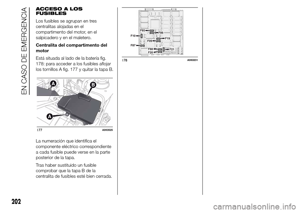 Alfa Romeo Giulietta 2016  Manual del propietario (in Spanish) ACCESO A LOS
FUSIBLES
Los fusibles se agrupan en tres
centralitas alojadas en el
compartimento del motor, en el
salpicadero y en el maletero.
Centralita del compartimento del
motor
Está situada al la