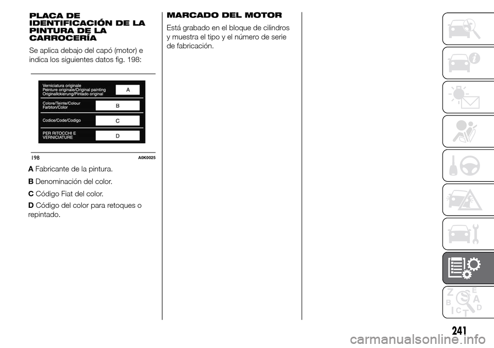 Alfa Romeo Giulietta 2016 Manual del propietario (in Spanish) DCódigo del color para retoques o
repintado.MARCADO DEL MOTOR
Está grabado en el bloque de cilindros
y muestra el tipo y el número de serie
de fabricación.
241
AFabricante de la pintura.
BDenomina Alfa Romeo Giulietta 2016 Manual del propietario (in Spanish) DCódigo del color para retoques o
repintado.MARCADO DEL MOTOR
Está grabado en el bloque de cilindros
y muestra el tipo y el número de serie
de fabricación.
241
AFabricante de la pintura.
BDenomina