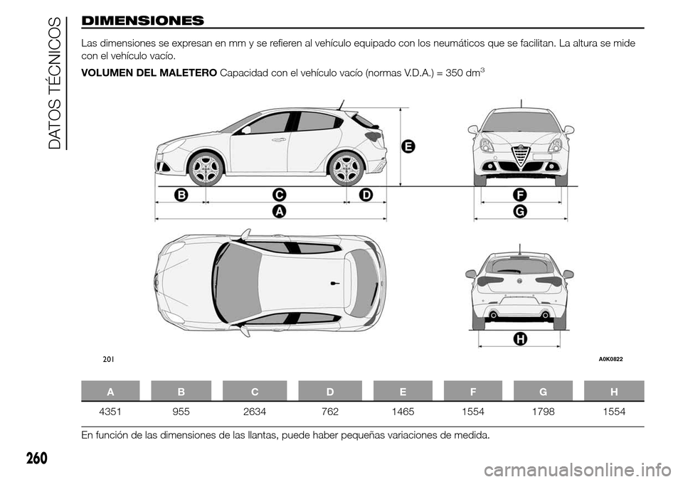 Alfa Romeo Giulietta 2016  Manual del propietario (in Spanish) DIMENSIONES
Las dimensiones se expresan en mm y se refieren al vehículo equipado con los neumáticos que se facilitan. La altura se mide
con el vehículo vacío.
VOLUMEN DEL MALETEROCapacidad con el 