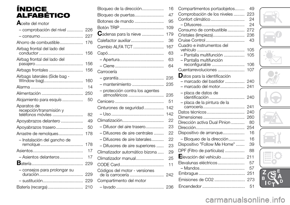 Alfa Romeo Giulietta 2016  Manual del propietario (in Spanish) ÍNDICE
ALFABÉTICO
A
ceite del motor
– comprobación del nivel ............. 226
– consumo ................................... 227
Ahorro de combustible ................... 176
Airbag frontal del
