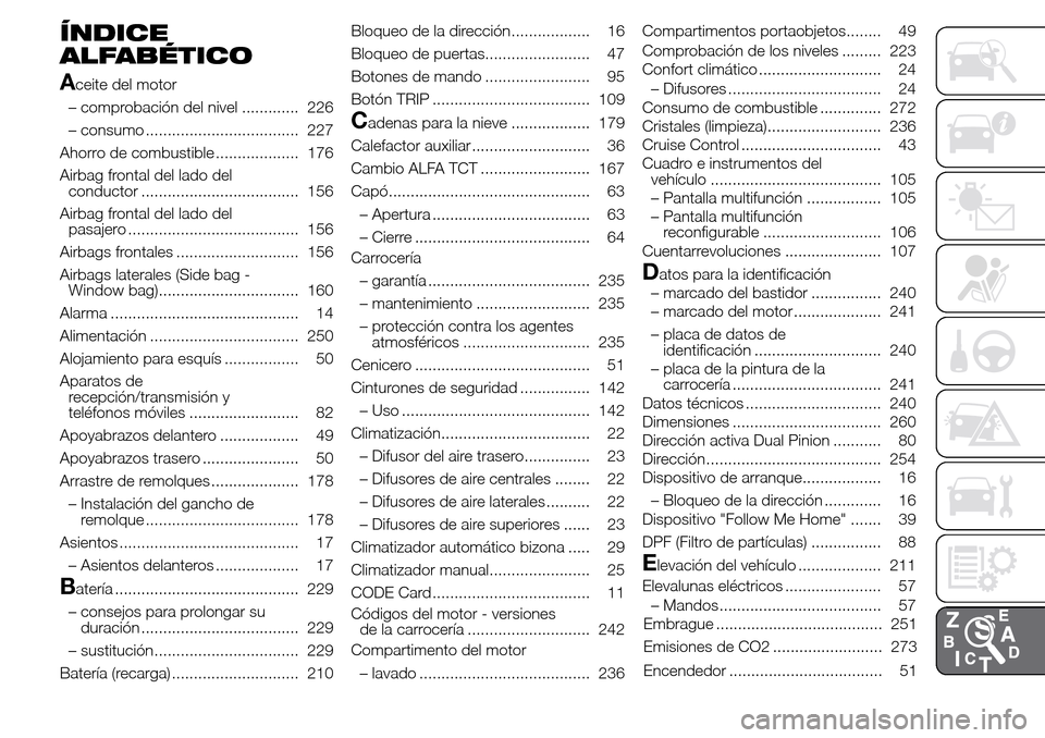 Alfa Romeo Giulietta 2016  Manual del propietario (in Spanish) ÍNDICE
ALFABÉTICO
A
ceite del motor
– comprobación del nivel ............. 226
– consumo ................................... 227
Ahorro de combustible ................... 176
Airbag frontal del