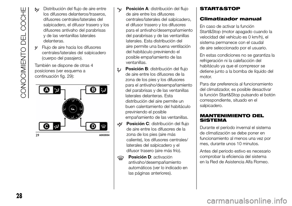 Alfa Romeo Giulietta 2016  Manual del propietario (in Spanish) Distribución del flujo de aire entre
los difusores delanteros/traseros,
difusores centrales/laterales del
salpicadero, el difusor trasero y los
difusores antivaho del parabrisas
y de las ventanillas 