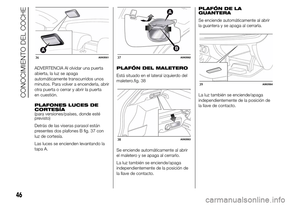 Alfa Romeo Giulietta 2016 Manual del propietario (in Spanish) ADVERTENCIA Al olvidar una puerta
abierta, la luz se apaga
automáticamente transcurridos unos
minutos. Para volver a encenderla, abrir
otra puerta o cerrar y abrir la puerta
en cuestión.
PLAFONES LU Alfa Romeo Giulietta 2016 Manual del propietario (in Spanish) ADVERTENCIA Al olvidar una puerta
abierta, la luz se apaga
automáticamente transcurridos unos
minutos. Para volver a encenderla, abrir
otra puerta o cerrar y abrir la puerta
en cuestión.
PLAFONES LU