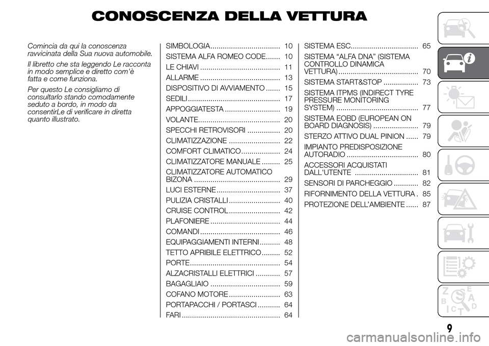 Alfa Romeo Giulietta 2016  Manuale del proprietario (in Italian) CONOSCENZA DELLA VETTURA
Comincia da qui la conoscenza
ravvicinata della Sua nuova automobile.
Il libretto che sta leggendo Le racconta
in modo semplice e diretto comè
fatta e come funziona.
Per que