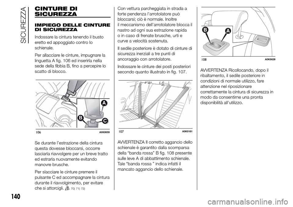 Alfa Romeo Giulietta 2016 Manuale del proprietario (in Italian) CINTURE DI
SICUREZZA
IMPIEGO DELLE CINTURE
DI SICUREZZA
Indossare la cintura tenendo il busto
eretto ed appoggiato contro lo
schienale.
Per allacciare le cinture, impugnare la
linguetta A fig. 106 ed Alfa Romeo Giulietta 2016 Manuale del proprietario (in Italian) CINTURE DI
SICUREZZA
IMPIEGO DELLE CINTURE
DI SICUREZZA
Indossare la cintura tenendo il busto
eretto ed appoggiato contro lo
schienale.
Per allacciare le cinture, impugnare la
linguetta A fig. 106 ed