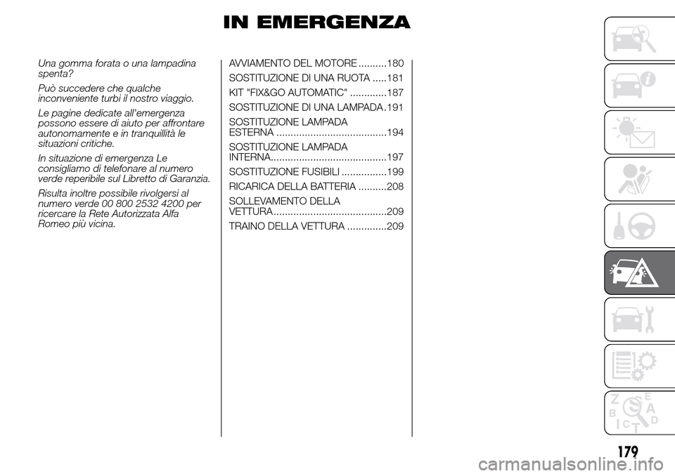 Alfa Romeo Giulietta 2016  Manuale del proprietario (in Italian) IN EMERGENZA
Una gomma forata o una lampadina
spenta?
Può succedere che qualche
inconveniente turbi il nostro viaggio.
Le pagine dedicate allemergenza
possono essere di aiuto per affrontare
autonoma