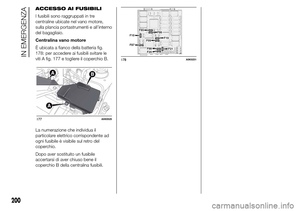 Alfa Romeo Giulietta 2016  Manuale del proprietario (in Italian) ACCESSO AI FUSIBILI
I fusibili sono raggruppati in tre
centraline ubicate nel vano motore,
sulla plancia portastrumenti e all’interno
del bagagliaio.
Centralina vano motore
È ubicata a fianco della