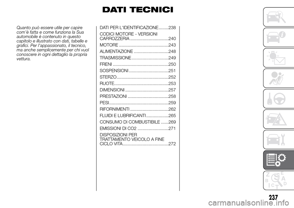 Alfa Romeo Giulietta 2016  Manuale del proprietario (in Italian) DATI TECNICI
Quanto può essere utile per capire
comè fatta e come funziona la Sua
automobile è contenuto in questo
capitolo e illustrato con dati, tabelle e
grafici. Per lappassionato, il tecnico