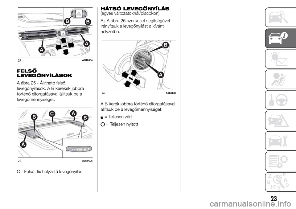 Alfa Romeo Giulietta 2016 Kezelési útmutató (in Hungarian) FELSŐ
LEVEGŐNYÍLÁSOK
A ábra 25 - Állítható felső
levegőnyílások. A B kerekek jobbra
történő elforgatásával állítsuk be a
levegőmennyiséget.
C - Felső, fix helyzetű levegőnyíl Alfa Romeo Giulietta 2016 Kezelési útmutató (in Hungarian) FELSŐ
LEVEGŐNYÍLÁSOK
A ábra 25 - Állítható felső
levegőnyílások. A B kerekek jobbra
történő elforgatásával állítsuk be a
levegőmennyiséget.
C - Felső, fix helyzetű levegőnyíl