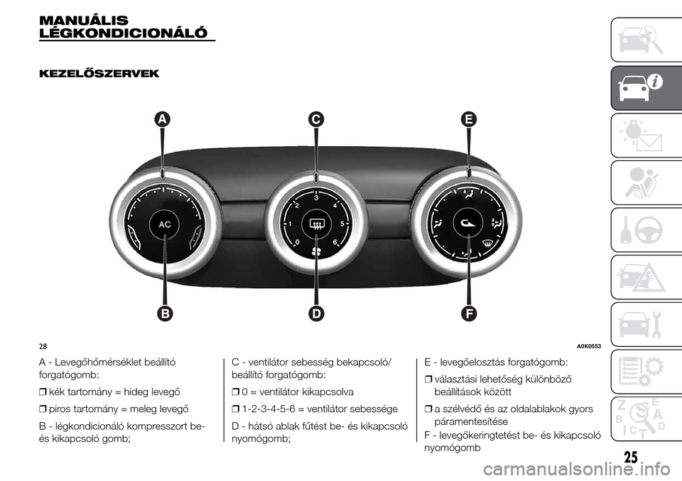 Alfa Romeo Giulietta 2016 Kezelési útmutató (in Hungarian) MANUÁLIS
LÉGKONDICIONÁLÓ
.
KEZELŐSZERVEK
A - Levegőhőmérséklet beállító
forgatógomb:
❒kék tartomány = hideg levegő
❒piros tartomány = meleg levegő
B - légkondicionáló kompress Alfa Romeo Giulietta 2016 Kezelési útmutató (in Hungarian) MANUÁLIS
LÉGKONDICIONÁLÓ
.
KEZELŐSZERVEK
A - Levegőhőmérséklet beállító
forgatógomb:
❒kék tartomány = hideg levegő
❒piros tartomány = meleg levegő
B - légkondicionáló kompress