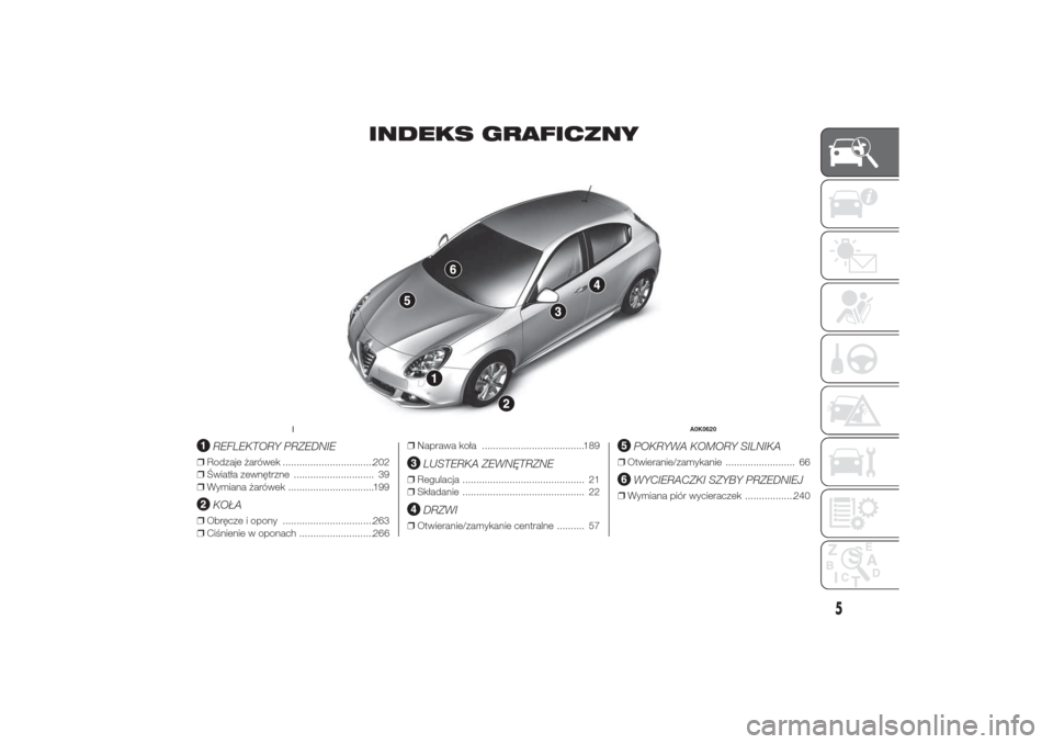 Alfa Romeo Giulietta 2016  Instrukcja Obsługi (in Polish) INDEKS GRAFICZNY
.
REFLEKTORY PRZEDNIE
❒Rodzaje żarówek .................................202
❒Światła zewnętrzne ............................. 39
❒Wymiana żarówek ........................