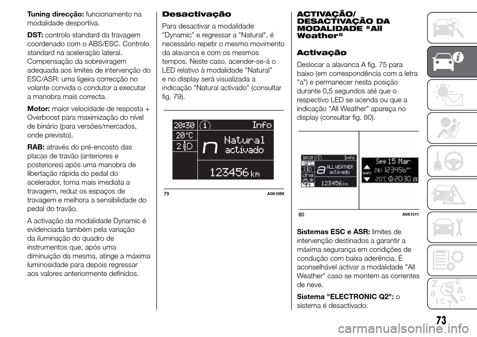 Alfa Romeo Giulietta 2016  Manual do proprietário (in Portuguese) Tuning direcção:funcionamento na
modalidade desportiva.
DST:controlo standard da travagem
coordenado com o ABS/ESC. Controlo
standard na aceleração lateral.
Compensação da sobreviragem
adequada 