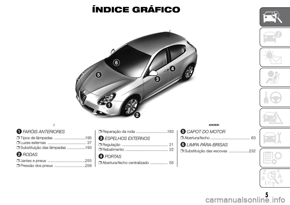 Alfa Romeo Giulietta 2016 Manual do proprietário (in Portuguese) ÍNDICE GRÁFICO
.
FARÓIS ANTERIORES
❒Tipos de lâmpadas .............................195
❒Luzes externas ................................... 37
❒Substituição das lâmpadas .................1 Alfa Romeo Giulietta 2016 Manual do proprietário (in Portuguese) ÍNDICE GRÁFICO
.
FARÓIS ANTERIORES
❒Tipos de lâmpadas .............................195
❒Luzes externas ................................... 37
❒Substituição das lâmpadas .................1