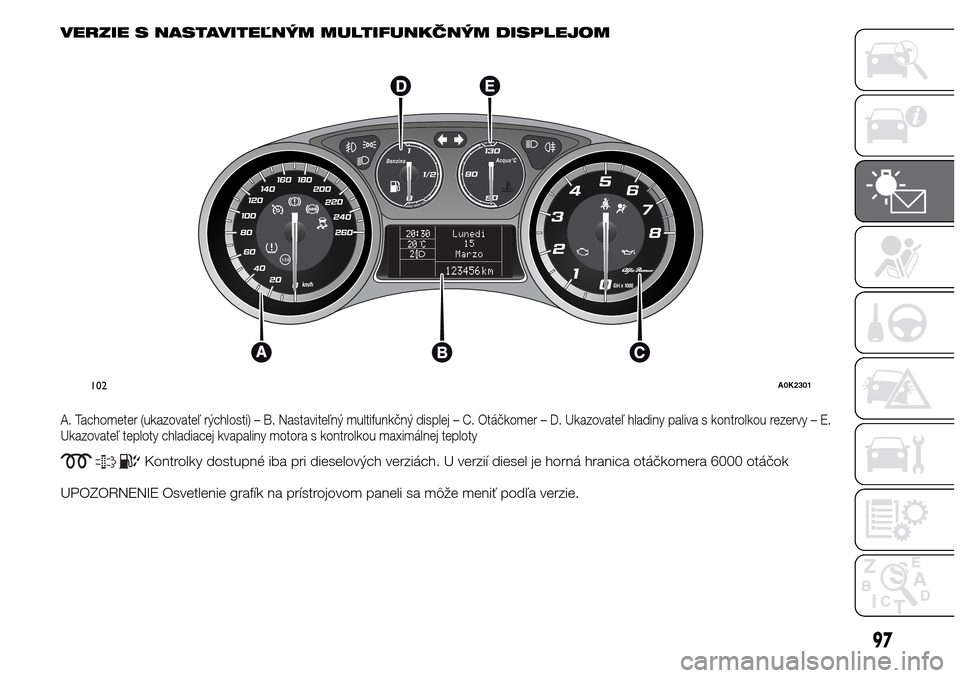 Alfa Romeo Giulietta 2016  Užívateľská príručka (in Slovak) VERZIE S NASTAVITEĽNÝM MULTIFUNKČNÝM DISPLEJOM
A. Tachometer (ukazovateľ rýchlosti) – B. Nastaviteľný multifunkčný displej – C. Otáčkomer – D. Ukazovateľ hladiny paliva s kontrolkou