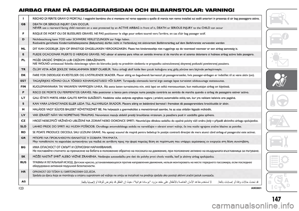 Alfa Romeo Giulietta 2016 Ägarmanual (in Swedish) AIRBAG FRAM PÅ PASSAGERARSIDAN OCH BILBARNSTOLAR: VARNING!
147
123A0K0801 Alfa Romeo Giulietta 2016 Ägarmanual (in Swedish) AIRBAG FRAM PÅ PASSAGERARSIDAN OCH BILBARNSTOLAR: VARNING!
147
123A0K0801