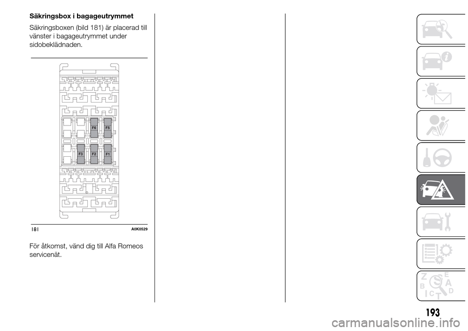 Alfa Romeo Giulietta 2016  Ägarmanual (in Swedish) Säkringsbox i bagageutrymmet
Säkringsboxen (bild 181) är placerad till
vänster i bagageutrymmet under
sidobeklädnaden.
För åtkomst, vänd dig till Alfa Romeos
servicenät.
181A0K0529
193 