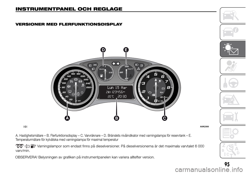 Alfa Romeo Giulietta 2016 Ägarmanual (in Swedish) INSTRUMENTPANEL OCH REGLAGE
.
VERSIONER MED FLERFUNKTIONSDISPLAY
A. Hastighetsmätare – B. Flerfunktionsdisplay – C. Varvräknare – D. Bränslets nivåindikator med varningslampa för reservtank Alfa Romeo Giulietta 2016 Ägarmanual (in Swedish) INSTRUMENTPANEL OCH REGLAGE
.
VERSIONER MED FLERFUNKTIONSDISPLAY
A. Hastighetsmätare – B. Flerfunktionsdisplay – C. Varvräknare – D. Bränslets nivåindikator med varningslampa för reservtank