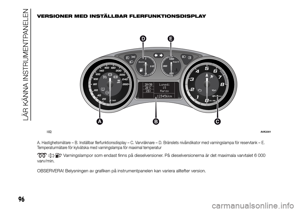 Alfa Romeo Giulietta 2016 Ägarmanual (in Swedish) .VERSIONER MED INSTÄLLBAR FLERFUNKTIONSDISPLAY
A. Hastighetsmätare – B. Inställbar flerfunktionsdisplay – C. Varvräknare – D. Bränslets nivåindikator med varningslampa för reservtank – Alfa Romeo Giulietta 2016 Ägarmanual (in Swedish) .VERSIONER MED INSTÄLLBAR FLERFUNKTIONSDISPLAY
A. Hastighetsmätare – B. Inställbar flerfunktionsdisplay – C. Varvräknare – D. Bränslets nivåindikator med varningslampa för reservtank –
