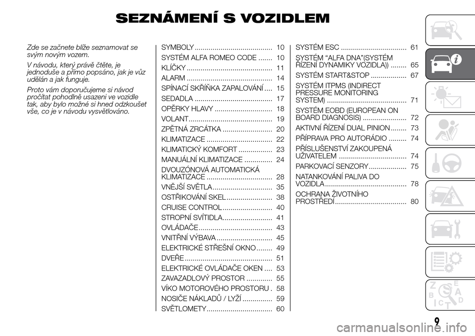 Alfa Romeo Giulietta 2016 Návod k obsluze (in Czech) SEZNÁMENÍ S VOZIDLEM
Zde se začnete blíže seznamovat se
svým novým vozem.
V návodu, který právě čtěte, je
jednoduše a přímo popsáno, jak je vůz
udělán a jak funguje.
Proto vám dop Alfa Romeo Giulietta 2016 Návod k obsluze (in Czech) SEZNÁMENÍ S VOZIDLEM
Zde se začnete blíže seznamovat se
svým novým vozem.
V návodu, který právě čtěte, je
jednoduše a přímo popsáno, jak je vůz
udělán a jak funguje.
Proto vám dop