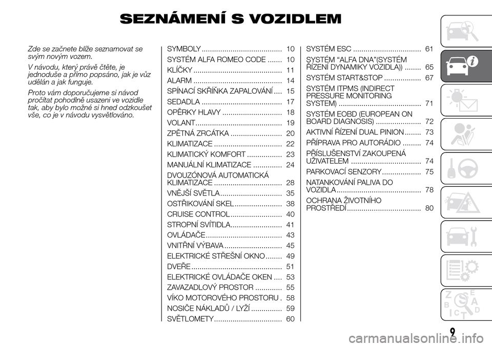 Alfa Romeo Giulietta 2016  Návod k obsluze (in Czech) SEZNÁMENÍ S VOZIDLEM
Zde se začnete blíže seznamovat se
svým novým vozem.
V návodu, který právě čtěte, je
jednoduše a přímo popsáno, jak je vůz
udělán a jak funguje.
Proto vám dop