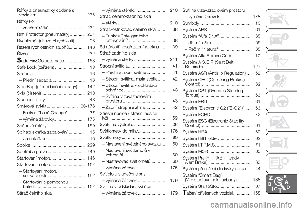 Alfa Romeo Giulietta 2016  Návod k obsluze (in Czech) Ráfky a pneumatiky dodané s
vozidlem ...................................... 235
Ráfky kol
– značení ráfků ............................. 234
Rim Protector (pneumatiky) ............ 234
Rychlom