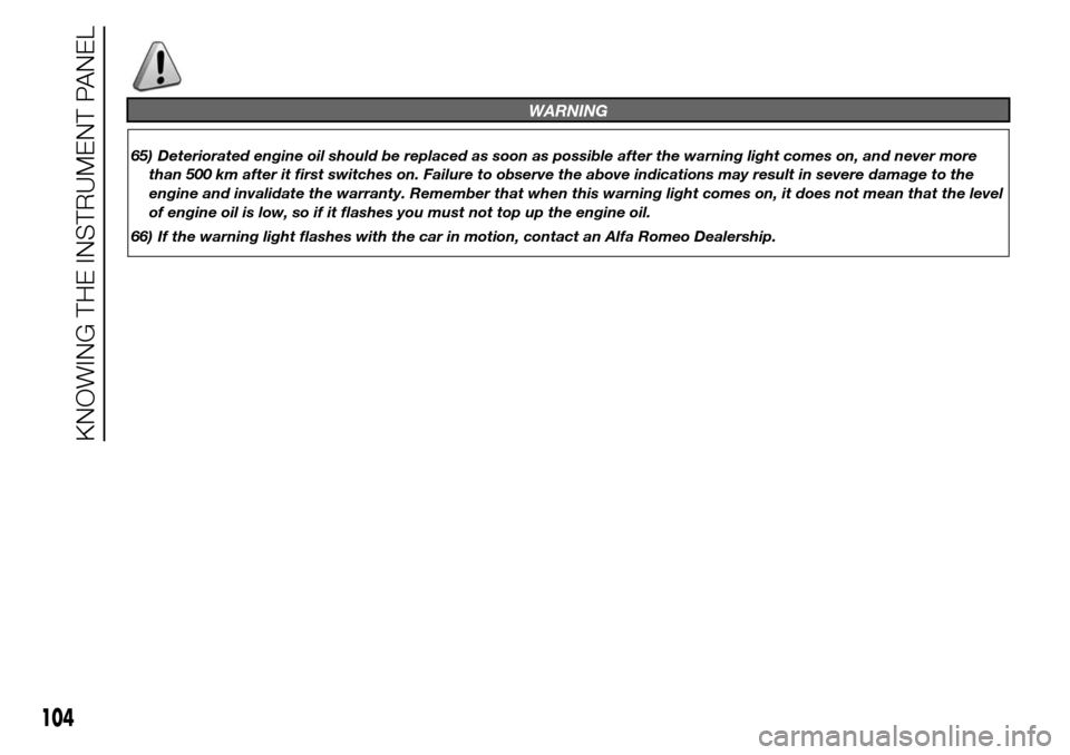 Alfa Romeo Giulietta 2015 Service Manual WARNING
65) Deteriorated engine oil should be replaced as soon as possible after the warning light comes on, and never more
than 500 km after it first switches on. Failure to observe the above indicat