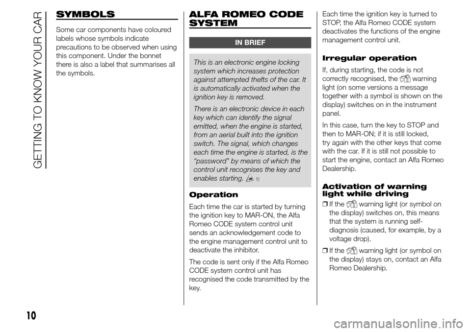 Alfa Romeo Giulietta 2015  Owners Manual SYMBOLS
Some car components have coloured
labels whose symbols indicate
precautions to be observed when using
this component. Under the bonnet
there is also a label that summarises all
the symbols.
AL