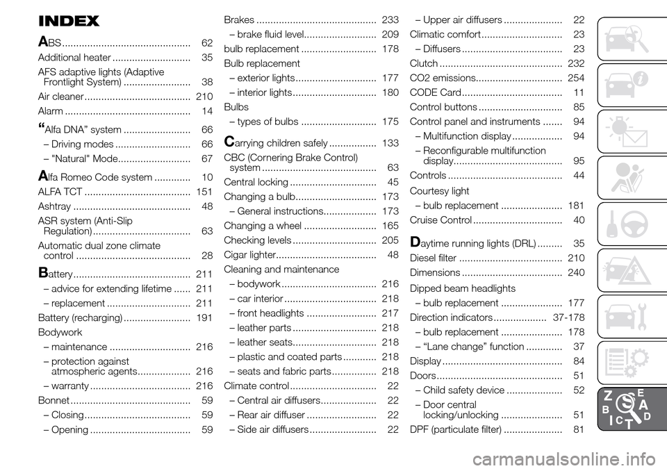 Alfa Romeo Giulietta 2015 Owners Manual INDEX
A
BS .............................................. 62
Additional heater ............................ 35
AFS adaptive lights (Adaptive
Frontlight System) ........................ 38
Air cleaner Alfa Romeo Giulietta 2015 Owners Manual INDEX
A
BS .............................................. 62
Additional heater ............................ 35
AFS adaptive lights (Adaptive
Frontlight System) ........................ 38
Air cleaner