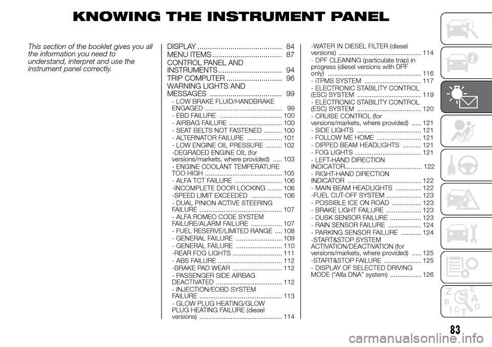 Alfa Romeo Giulietta 2015 Owners Manual KNOWING THE INSTRUMENT PANEL
This section of the booklet gives you all
the information you need to
understand, interpret and use the
instrument panel correctly.DISPLAY ................................ Alfa Romeo Giulietta 2015 Owners Manual KNOWING THE INSTRUMENT PANEL
This section of the booklet gives you all
the information you need to
understand, interpret and use the
instrument panel correctly.DISPLAY ................................