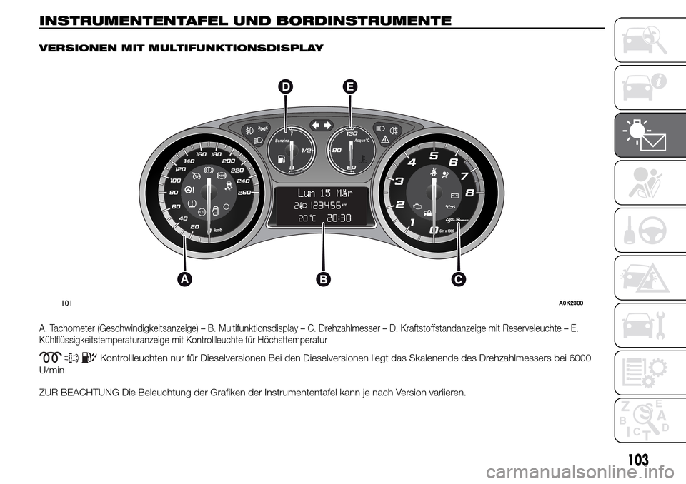 Alfa Romeo Giulietta 2015 Betriebsanleitung (in German) INSTRUMENTENTAFEL UND BORDINSTRUMENTE.
VERSIONEN MIT MULTIFUNKTIONSDISPLAY
A. Tachometer (Geschwindigkeitsanzeige) – B. Multifunktionsdisplay – C. Drehzahlmesser – D. Kraftstoffstandanzeige mit Alfa Romeo Giulietta 2015 Betriebsanleitung (in German) INSTRUMENTENTAFEL UND BORDINSTRUMENTE.
VERSIONEN MIT MULTIFUNKTIONSDISPLAY
A. Tachometer (Geschwindigkeitsanzeige) – B. Multifunktionsdisplay – C. Drehzahlmesser – D. Kraftstoffstandanzeige mit