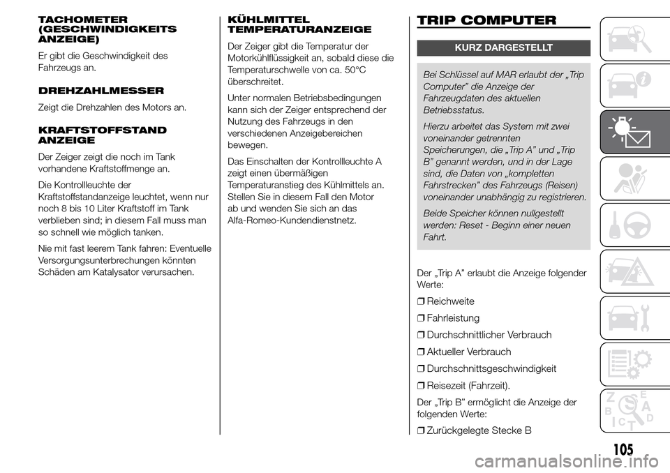 Alfa Romeo Giulietta 2015 Betriebsanleitung (in German) TACHOMETER
(GESCHWINDIGKEITS
ANZEIGE)
Er gibt die Geschwindigkeit des
Fahrzeugs an.
DREHZAHLMESSER
Zeigt die Drehzahlen des Motors an.
KRAFTSTOFFSTAND
ANZEIGE
Der Zeiger zeigt die noch im Tank
vorhand Alfa Romeo Giulietta 2015 Betriebsanleitung (in German) TACHOMETER
(GESCHWINDIGKEITS
ANZEIGE)
Er gibt die Geschwindigkeit des
Fahrzeugs an.
DREHZAHLMESSER
Zeigt die Drehzahlen des Motors an.
KRAFTSTOFFSTAND
ANZEIGE
Der Zeiger zeigt die noch im Tank
vorhand