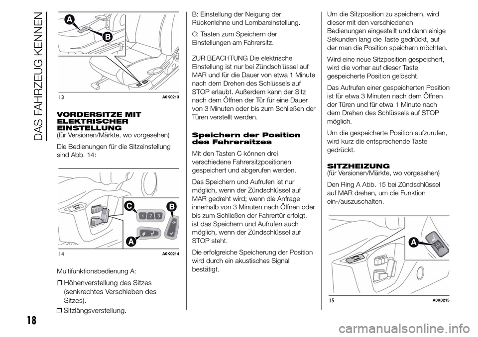 Alfa Romeo Giulietta 2015 Betriebsanleitung (in German) VORDERSITZE MIT
ELEKTRISCHER
EINSTELLUNG
(für Versionen/Märkte, wo vorgesehen)
Die Bedienungen für die Sitzeinstellung
sind Abb. 14:
Multifunktionsbedienung A:
❒Höhenverstellung des Sitzes
(senk Alfa Romeo Giulietta 2015 Betriebsanleitung (in German) VORDERSITZE MIT
ELEKTRISCHER
EINSTELLUNG
(für Versionen/Märkte, wo vorgesehen)
Die Bedienungen für die Sitzeinstellung
sind Abb. 14:
Multifunktionsbedienung A:
❒Höhenverstellung des Sitzes
(senk