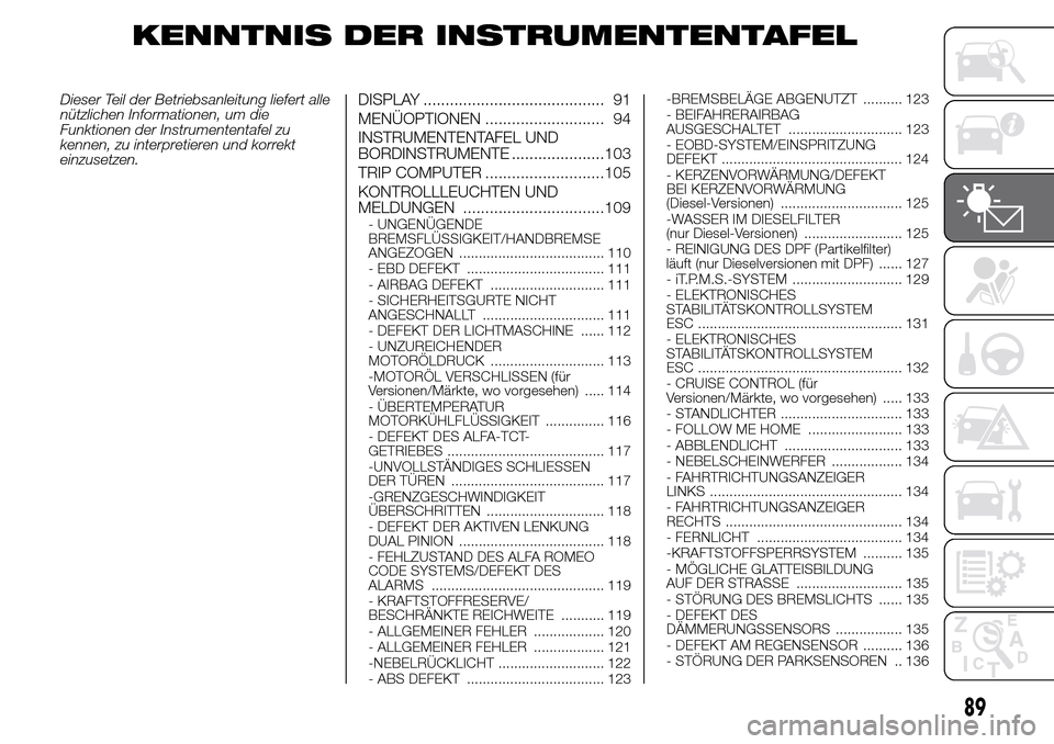 Alfa Romeo Giulietta 2015 Betriebsanleitung (in German) KENNTNIS DER INSTRUMENTENTAFEL
Dieser Teil der Betriebsanleitung liefert alle
nützlichen Informationen, um die
Funktionen der Instrumententafel zu
kennen, zu interpretieren und korrekt
einzusetzen.DI Alfa Romeo Giulietta 2015 Betriebsanleitung (in German) KENNTNIS DER INSTRUMENTENTAFEL
Dieser Teil der Betriebsanleitung liefert alle
nützlichen Informationen, um die
Funktionen der Instrumententafel zu
kennen, zu interpretieren und korrekt
einzusetzen.DI