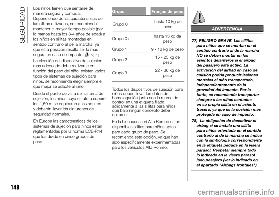 Alfa Romeo Giulietta 2015 Manual del propietario (in Spanish) Los niños tienen que sentarse de
manera segura y cómoda.
Dependiendo de las características de
las sillitas utilizadas, se recomienda
mantener el mayor tiempo posible (por
lo menos hasta los 3-4 a Alfa Romeo Giulietta 2015 Manual del propietario (in Spanish) Los niños tienen que sentarse de
manera segura y cómoda.
Dependiendo de las características de
las sillitas utilizadas, se recomienda
mantener el mayor tiempo posible (por
lo menos hasta los 3-4 a