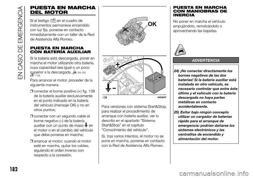 Alfa Romeo Giulietta 2015  Manual del propietario (in Spanish) PUESTA EN MARCHA
DEL MOTOR
Si el testigoen el cuadro de
instrumentos permanece encendido
con luz fija, ponerse en contacto
inmediatamente con un taller de la Red
de Asistencia Alfa Romeo.
PUESTA EN MA