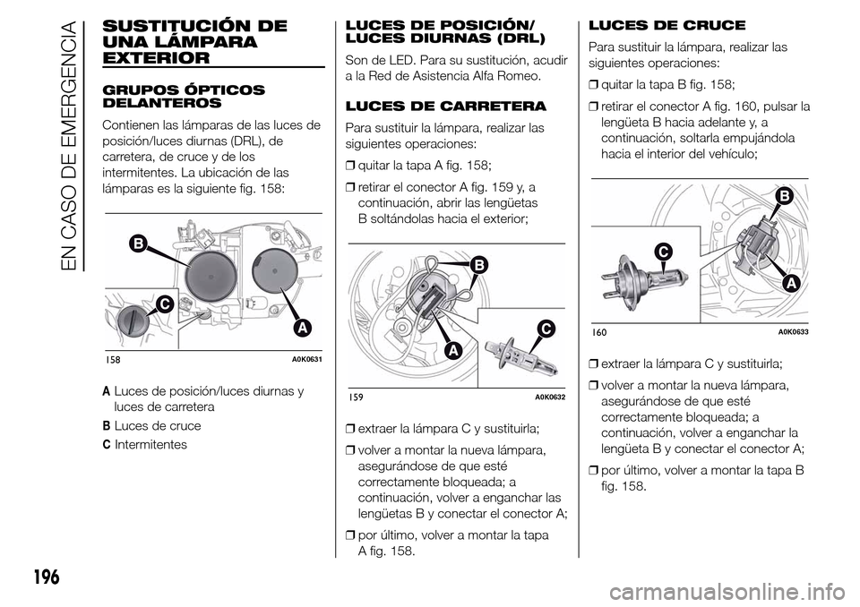 Alfa Romeo Giulietta 2015  Manual del propietario (in Spanish) SUSTITUCIÓN DE
UNA LÁMPARA
EXTERIOR
GRUPOS ÓPTICOS
DELANTEROS
Contienen las lámparas de las luces de
posición/luces diurnas (DRL), de
carretera, de cruce y de los
intermitentes. La ubicación de 