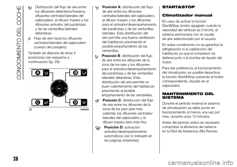 Alfa Romeo Giulietta 2015 Manual del propietario (in Spanish) Distribución del flujo de aire entre
los difusores delanteros/traseros,
difusores centrales/laterales del
salpicadero, el difusor trasero y los
difusores antivaho del parabrisas
y de las ventanillas Alfa Romeo Giulietta 2015 Manual del propietario (in Spanish) Distribución del flujo de aire entre
los difusores delanteros/traseros,
difusores centrales/laterales del
salpicadero, el difusor trasero y los
difusores antivaho del parabrisas
y de las ventanillas
