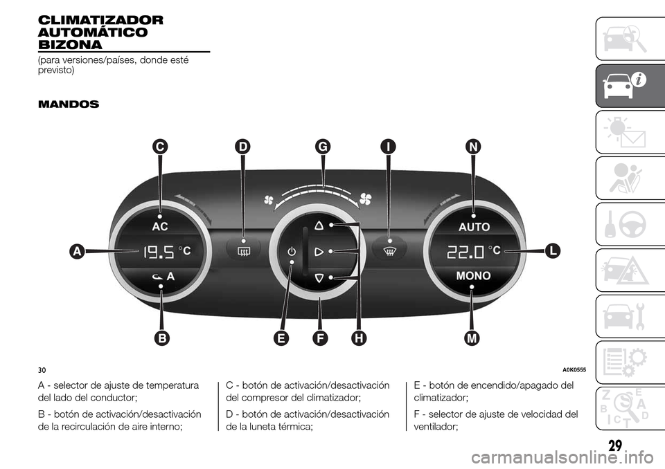 Alfa Romeo Giulietta 2015 Manual del propietario (in Spanish) CLIMATIZADOR
AUTOMÁTICO
BIZONA
(para versiones/países, donde esté
previsto)
.
MANDOS
A - selector de ajuste de temperatura
del lado del conductor;
B - botón de activación/desactivación
de la rec Alfa Romeo Giulietta 2015 Manual del propietario (in Spanish) CLIMATIZADOR
AUTOMÁTICO
BIZONA
(para versiones/países, donde esté
previsto)
.
MANDOS
A - selector de ajuste de temperatura
del lado del conductor;
B - botón de activación/desactivación
de la rec