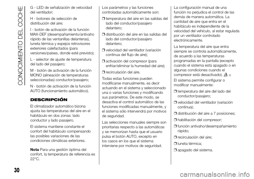 Alfa Romeo Giulietta 2015 Manual del propietario (in Spanish) G - LED de señalización de velocidad
del ventilador;
H - botones de selección de
distribución del aire;
I - botón de activación de la función
MAX-DEF (desempañamiento/antivaho
rápido de las v Alfa Romeo Giulietta 2015 Manual del propietario (in Spanish) G - LED de señalización de velocidad
del ventilador;
H - botones de selección de
distribución del aire;
I - botón de activación de la función
MAX-DEF (desempañamiento/antivaho
rápido de las v