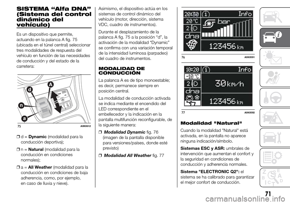 Alfa Romeo Giulietta 2015 Manual del propietario (in Spanish) SISTEMA “Alfa DNA”
(Sistema del control
dinámico del
vehículo)
Es un dispositivo que permite,
actuando en la palanca A fig. 75
(ubicada en el túnel central) seleccionar
tres modalidades de resp Alfa Romeo Giulietta 2015 Manual del propietario (in Spanish) SISTEMA “Alfa DNA”
(Sistema del control
dinámico del
vehículo)
Es un dispositivo que permite,
actuando en la palanca A fig. 75
(ubicada en el túnel central) seleccionar
tres modalidades de resp