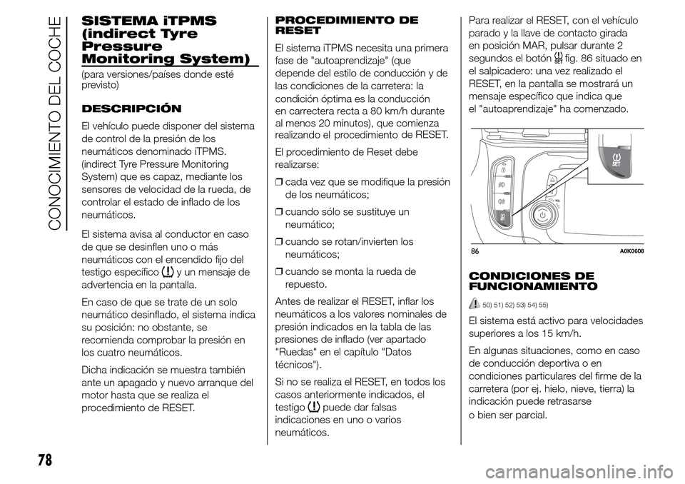 Alfa Romeo Giulietta 2015 Manual del propietario (in Spanish) SISTEMA iTPMS
(indirect Tyre
Pressure
Monitoring System)
(para versiones/países donde esté
previsto)
DESCRIPCIÓN
El vehículo puede disponer del sistema
de control de la presión de los
neumáticos Alfa Romeo Giulietta 2015 Manual del propietario (in Spanish) SISTEMA iTPMS
(indirect Tyre
Pressure
Monitoring System)
(para versiones/países donde esté
previsto)
DESCRIPCIÓN
El vehículo puede disponer del sistema
de control de la presión de los
neumáticos