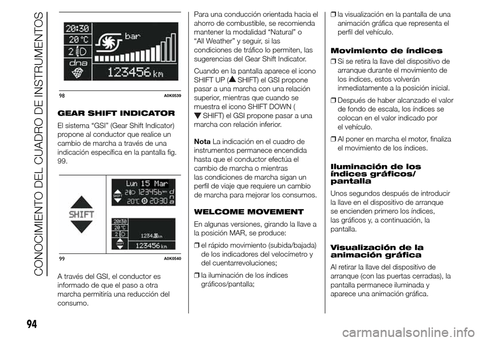 Alfa Romeo Giulietta 2015  Manual del propietario (in Spanish) GEAR SHIFT INDICATOR
El sistema “GSI” (Gear Shift Indicator)
propone al conductor que realice un
cambio de marcha a través de una
indicación específica en la pantalla fig.
99.
A través del GSI