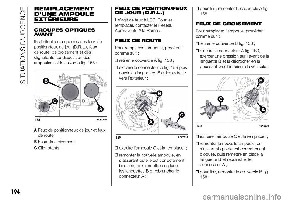 Alfa Romeo Giulietta 2015  Manuel du propriétaire (in French) REMPLACEMENT
DUNE AMPOULE
EXTÉRIEURE
GROUPES OPTIQUES
AVANT
Ils abritent les ampoules des feux de
position/feux de jour (D.R.L.), feux
de route, de croisement et des
clignotants. La disposition des
