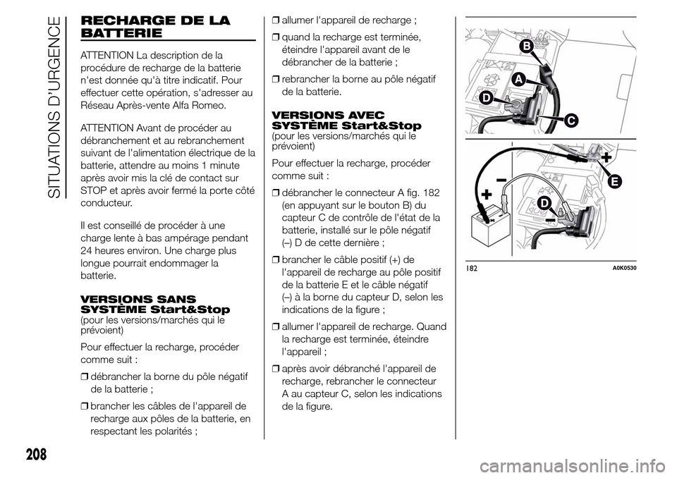 Alfa Romeo Giulietta 2015 Manuel du propriétaire (in French) RECHARGE DE LA
BATTERIE
ATTENTION La description de la
procédure de recharge de la batterie
nest donnée quà titre indicatif. Pour
effectuer cette opération, sadresser au
Réseau Après-vente Al Alfa Romeo Giulietta 2015 Manuel du propriétaire (in French) RECHARGE DE LA
BATTERIE
ATTENTION La description de la
procédure de recharge de la batterie
nest donnée quà titre indicatif. Pour
effectuer cette opération, sadresser au
Réseau Après-vente Al