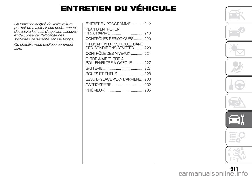 Alfa Romeo Giulietta 2015 Manuel du propriétaire (in French) ENTRETIEN DU VÉHICULE
Un entretien soigné de votre voiture
permet de maintenir ses performances,
de réduire les frais de gestion associés
et de conserver lefficacité des
systèmes de sécurité Alfa Romeo Giulietta 2015 Manuel du propriétaire (in French) ENTRETIEN DU VÉHICULE
Un entretien soigné de votre voiture
permet de maintenir ses performances,
de réduire les frais de gestion associés
et de conserver lefficacité des
systèmes de sécurité