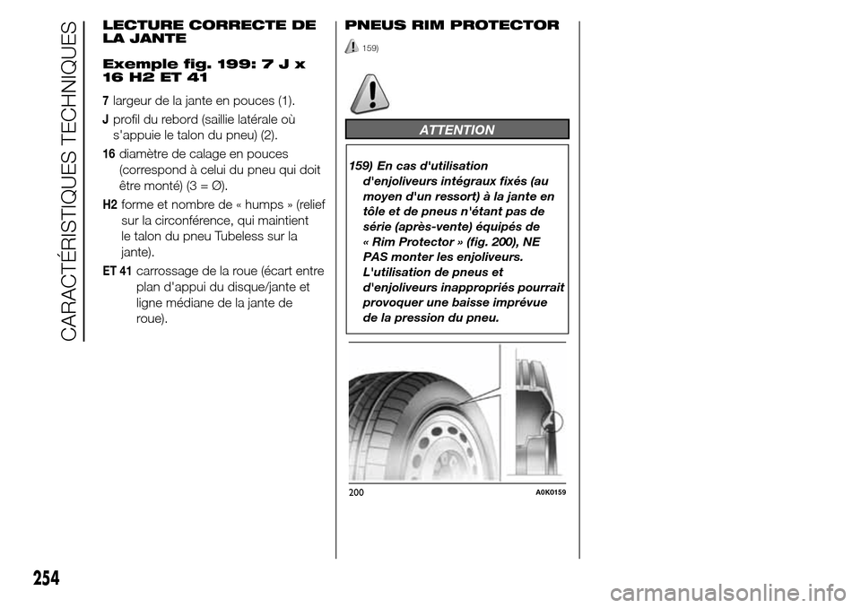 Alfa Romeo Giulietta 2015  Manuel du propriétaire (in French) LECTURE CORRECTE DE
LA JANTE
Exemple fig. 199:7Jx
16 H2 ET 41
7largeur de la jante en pouces (1).
Jprofil du rebord (saillie latérale où
sappuie le talon du pneu) (2).
16diamètre de calage en pouc