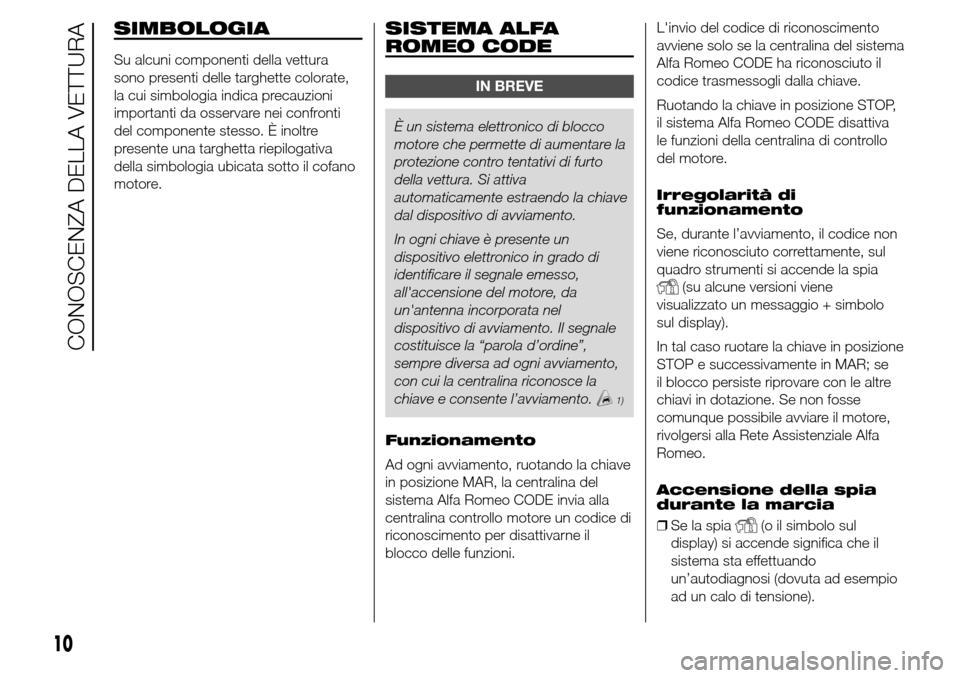 Alfa Romeo Giulietta 2015 Manuale del proprietario (in Italian) SIMBOLOGIA
Su alcuni componenti della vettura
sono presenti delle targhette colorate,
la cui simbologia indica precauzioni
importanti da osservare nei confronti
del componente stesso. È inoltre
prese Alfa Romeo Giulietta 2015 Manuale del proprietario (in Italian) SIMBOLOGIA
Su alcuni componenti della vettura
sono presenti delle targhette colorate,
la cui simbologia indica precauzioni
importanti da osservare nei confronti
del componente stesso. È inoltre
prese